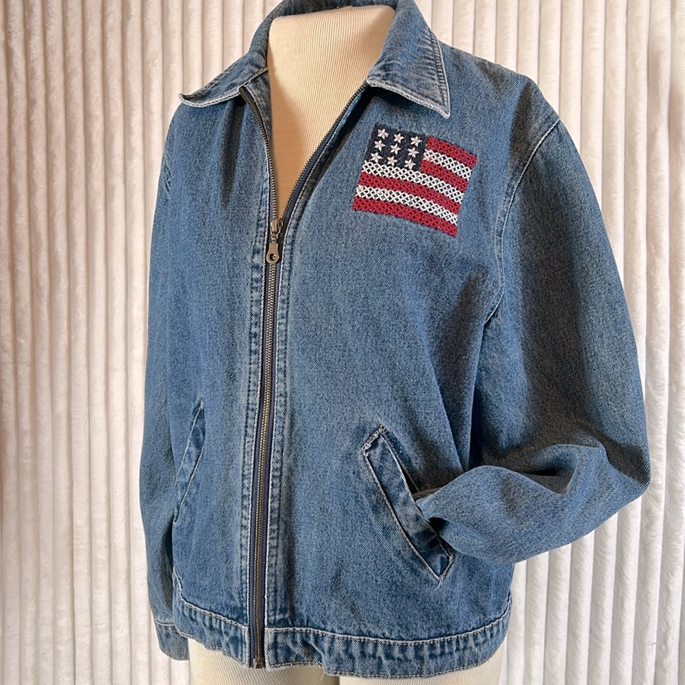 Vintage AGAPO denim full zip stars and stripes USA flag embroidered jacket L
